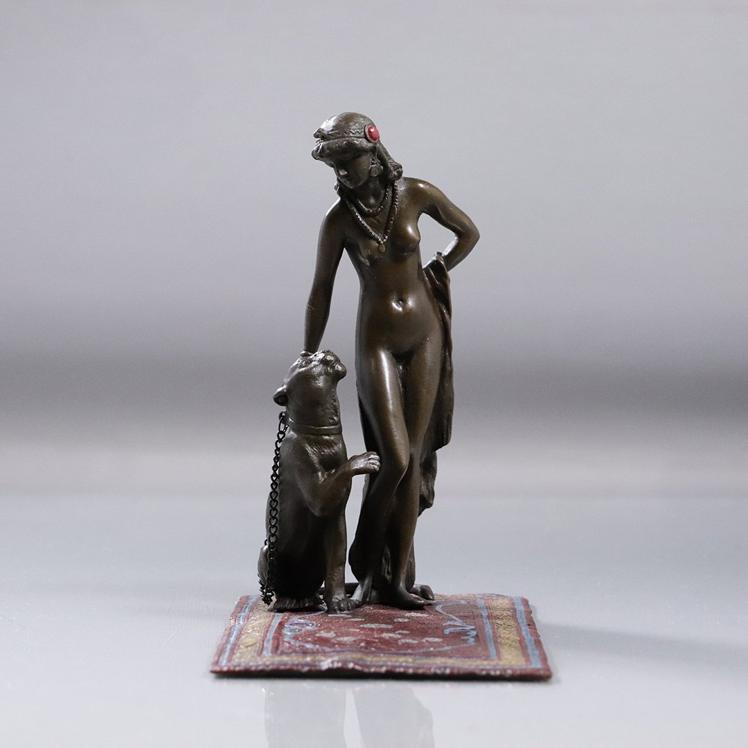 after Bergman Austria Bronze Nude Woman with Panther: after Bergman Austria Bronze Nude Woman with Panther. Bears signature. Good patina finish. size: 6.5h x 6.25L