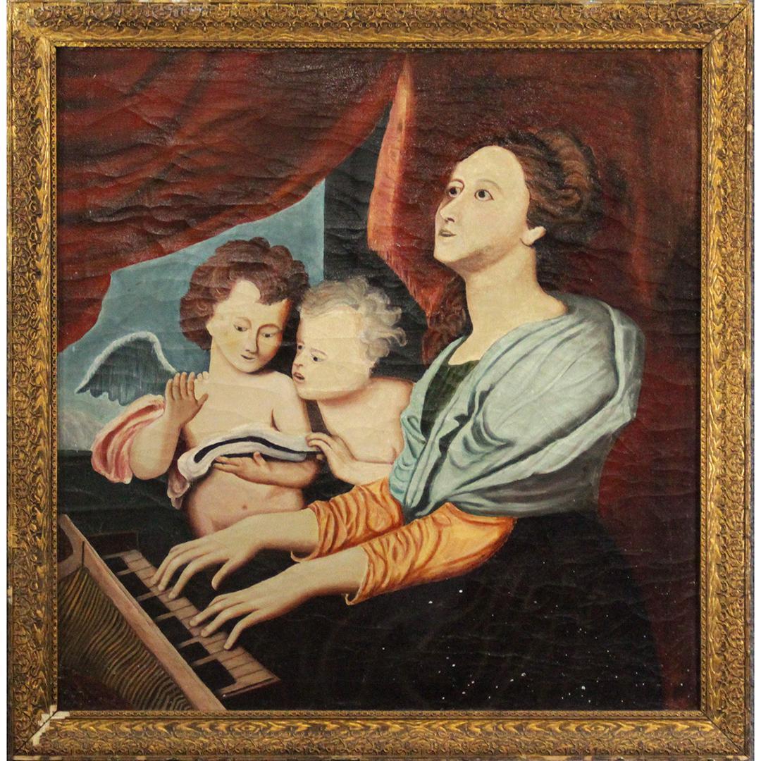 Early 19th C. Woman Winged Angels Playing The Organ: Early 19th C. Woman and Winged Angels Playing The Organ. Original frame. Size: 27.25 x 26.5 inches image, 30.75 x 30 inches outside frame