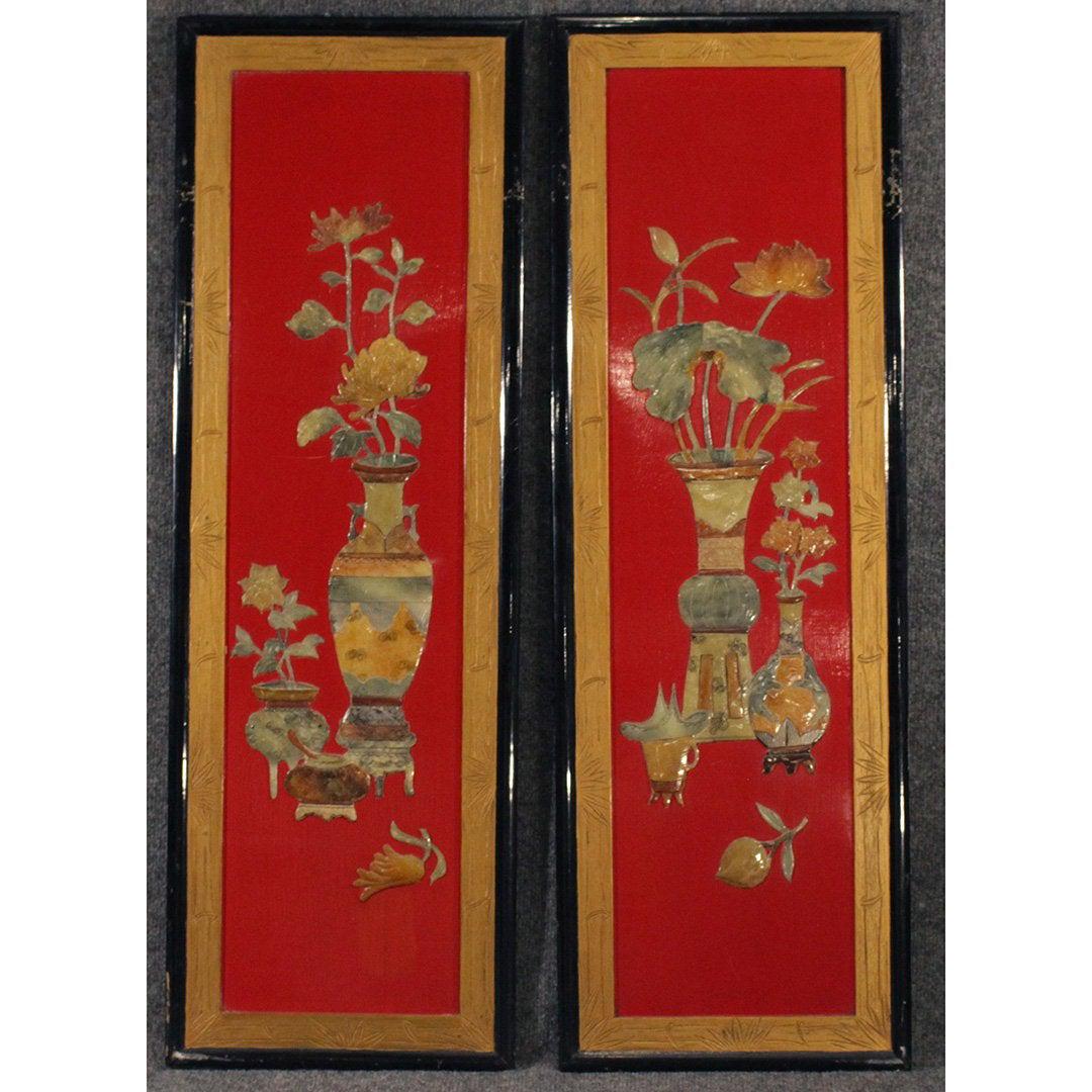 Two [2] Red Lacquer Chinese Panels, Hardstone Urns (1 of 9)