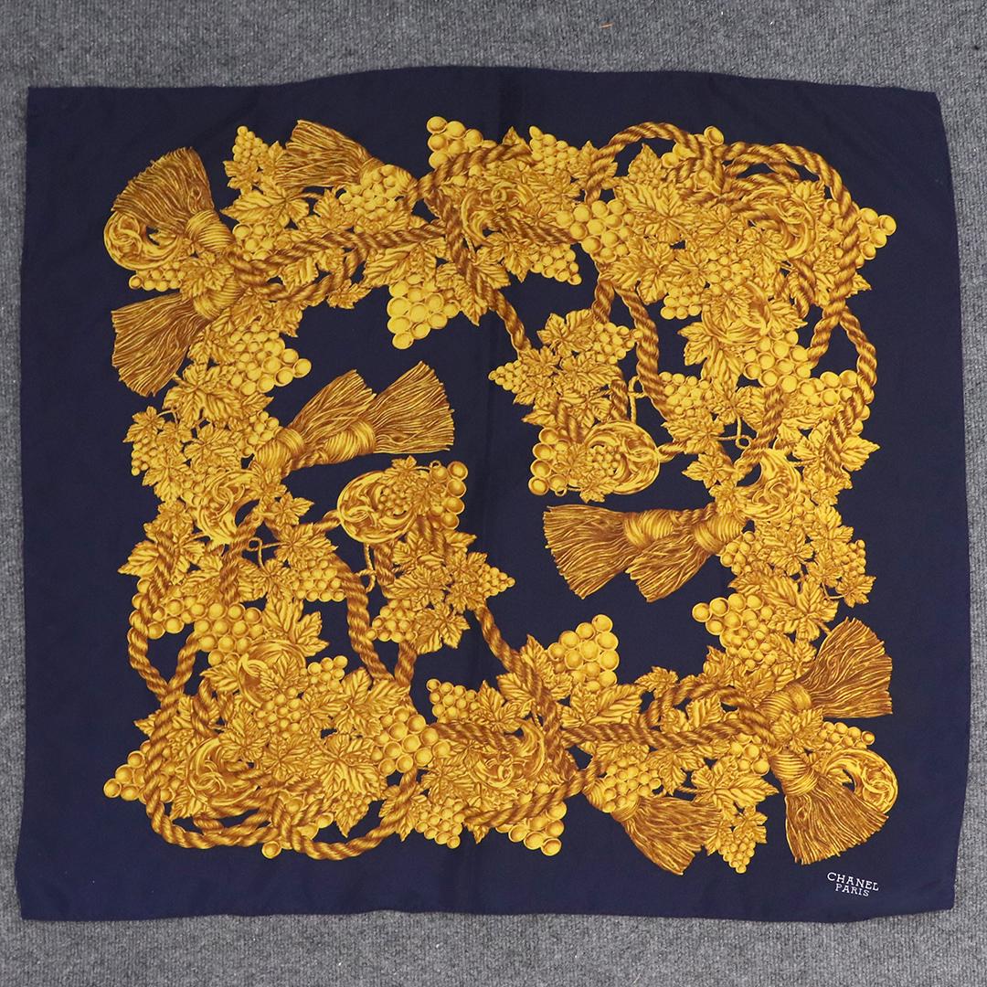 CHANEL Paris, Gold Design on Blue Silk Scarf (1 of 6)