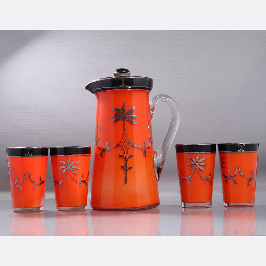 Art Deco Orange Black Glass Lemonade Set Silver Overlay (1 of 7)