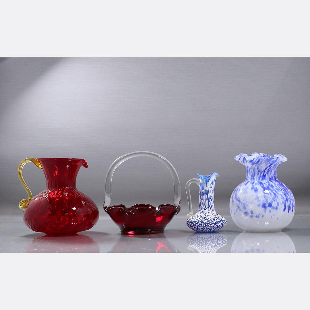 [4] Four Assorted Colored Glass Vase Pitchers Basket (1 of 10)