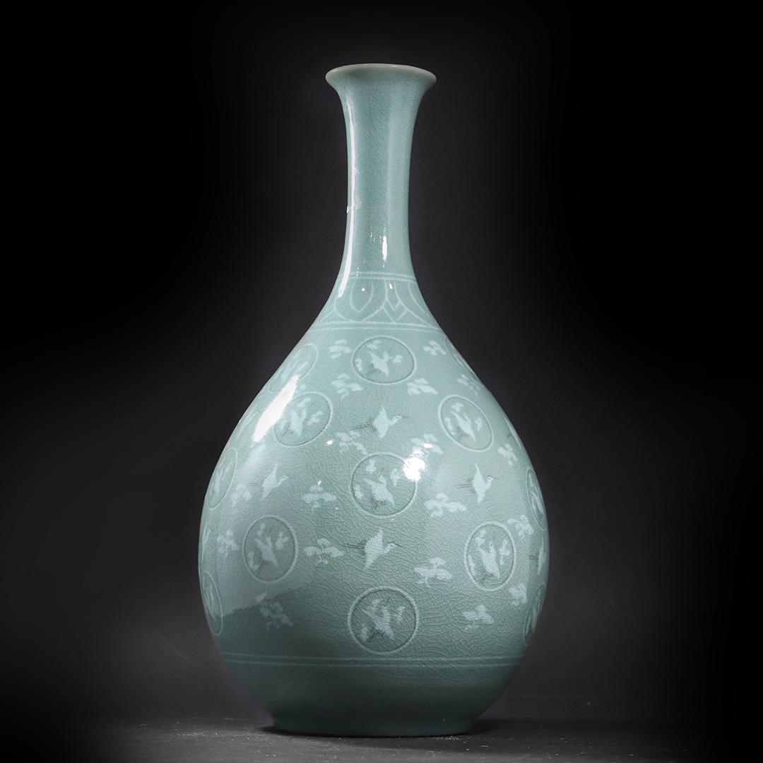 Signed Celadon Green Oriental Porcelain Vase with Heron (1 of 6)
