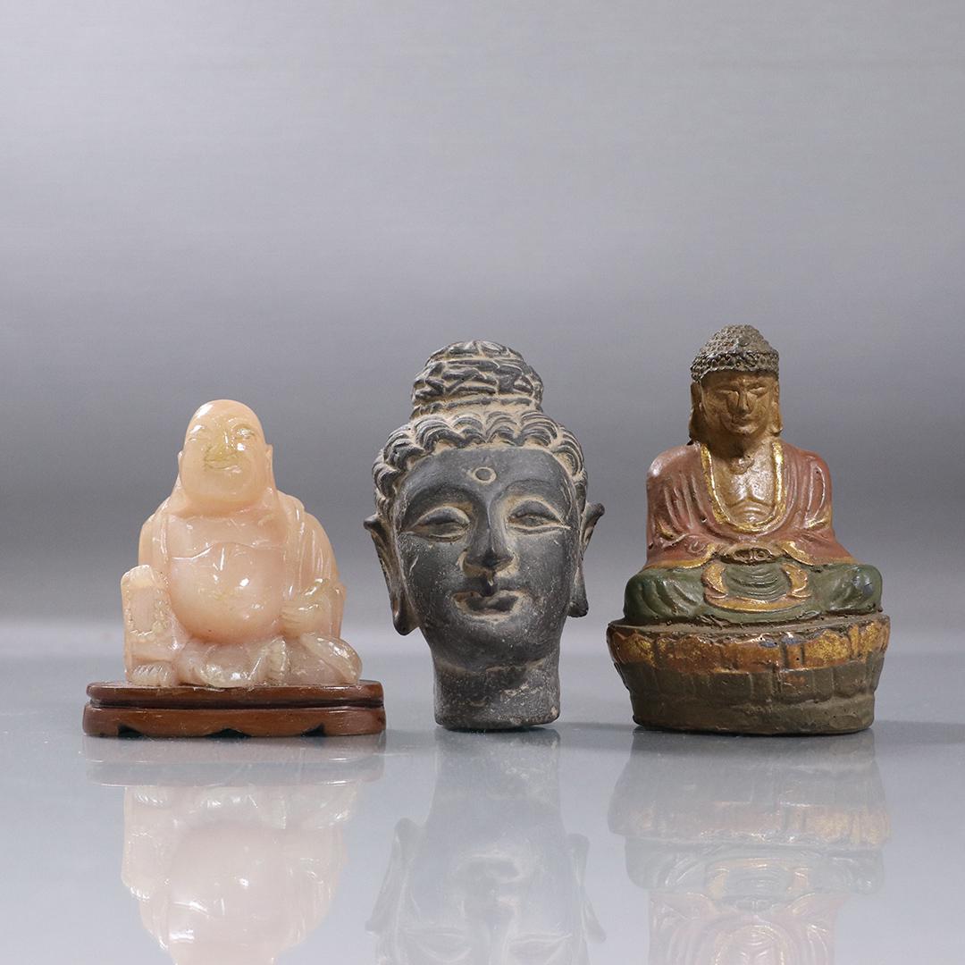 [3] Three Assorted Buddha Figures, Jade, Metal, Stone (1 of 7)