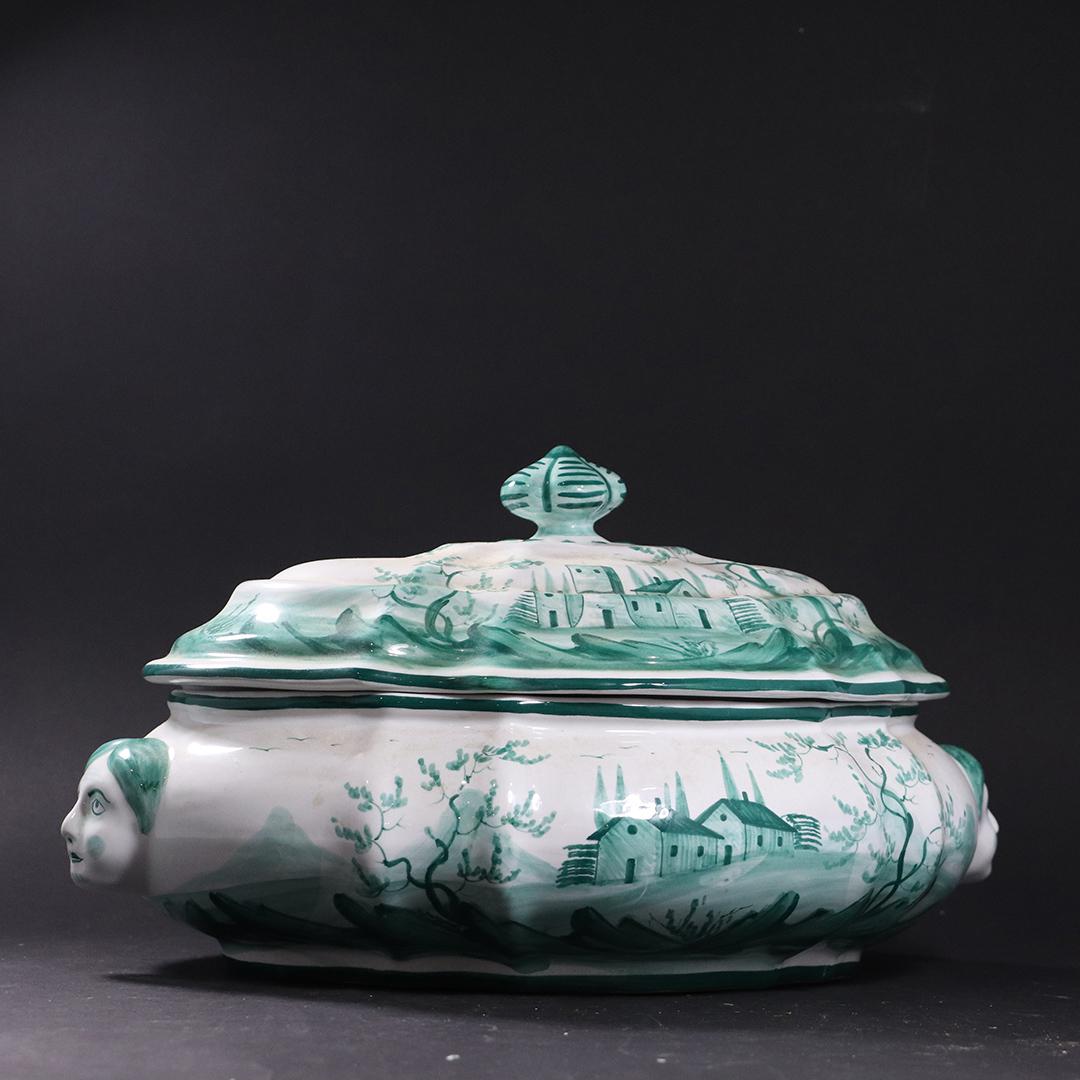 Italian Porcelain Green & White Covered Tureen Scenic (1 of 8)
