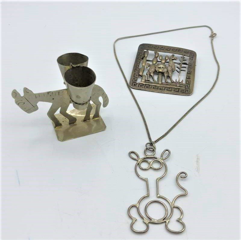 3 Assorted Silver: Donkey, Llama Brooch, Cat Necklace (1 of 5)