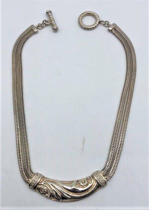 .925 Sterling Silver Double Strand Wide Necklace: .925 Sterling Silver Double Strand Wide Necklace. Marked: .925 ; Size: chain 16 in. length