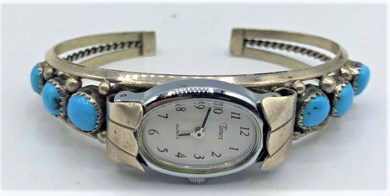 Sterling Silver and Turquoise Cuff Bracelet Watch Timex (1 of 7)