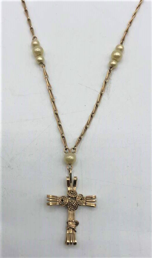 Quality 10K Gold Filled Religious Cross Pearl Necklace (1 of 5)