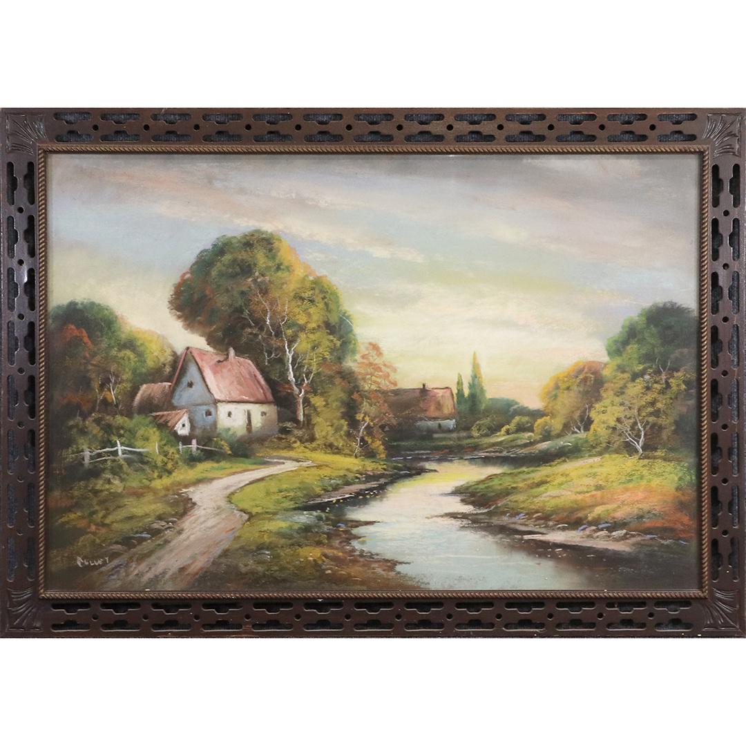 Colvey, Circa 1930 Pastel Painting Cottages by Stream (1 of 7)