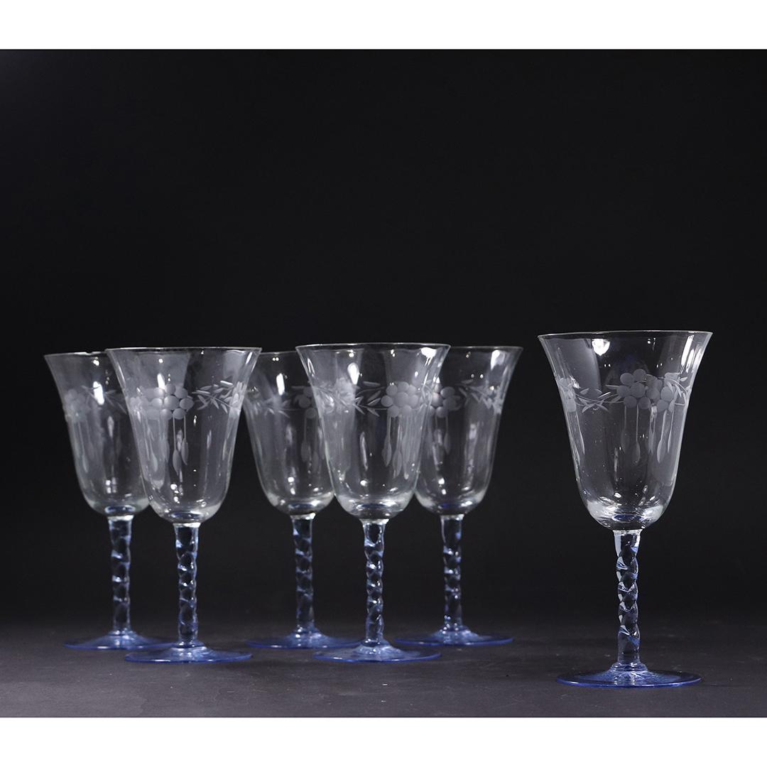 [6] Six Vintage Blue Stem & Etched Glass Stemware (1 of 6)