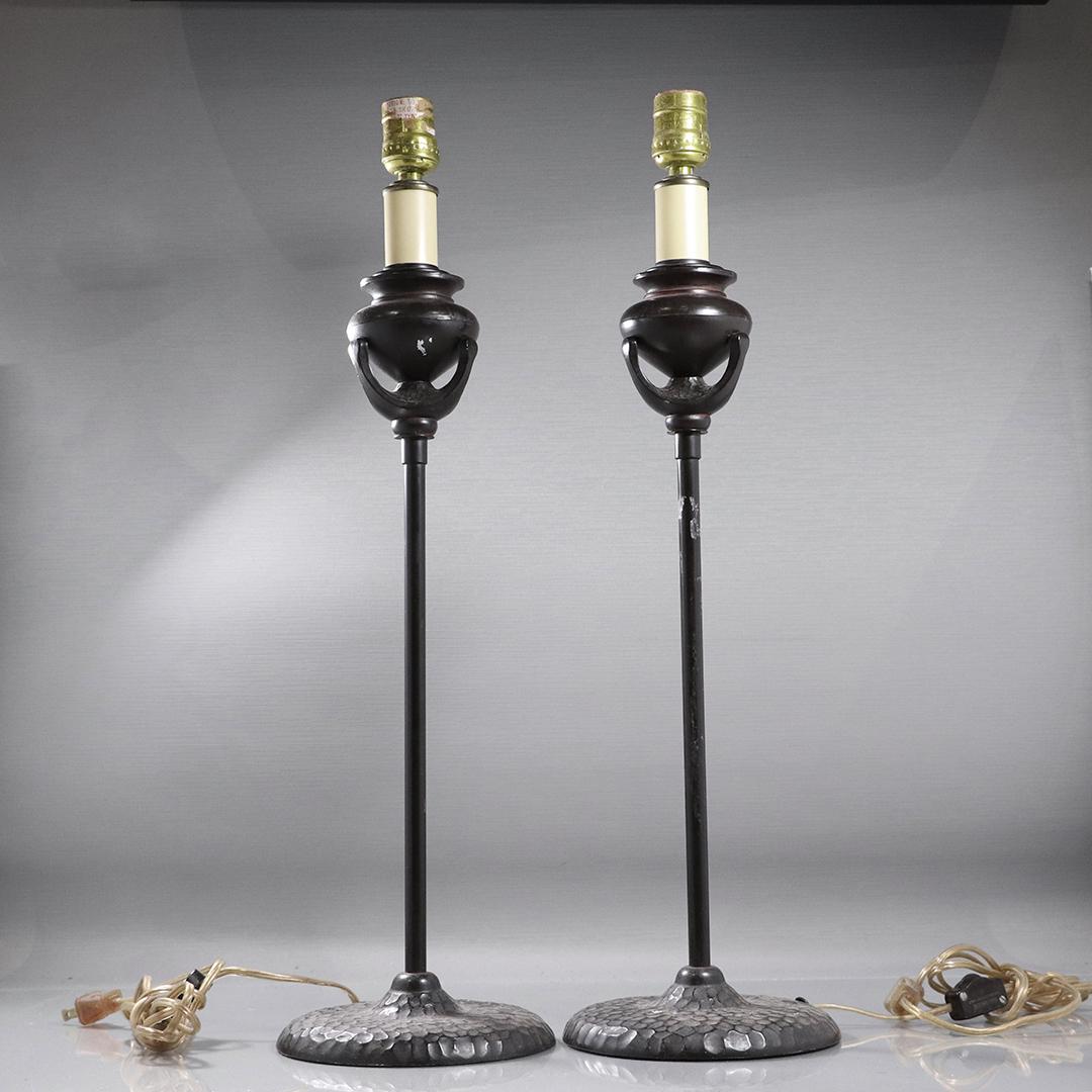 Pair Arts and Crafts Tall Metal Candlestick Lamps (1 of 4)