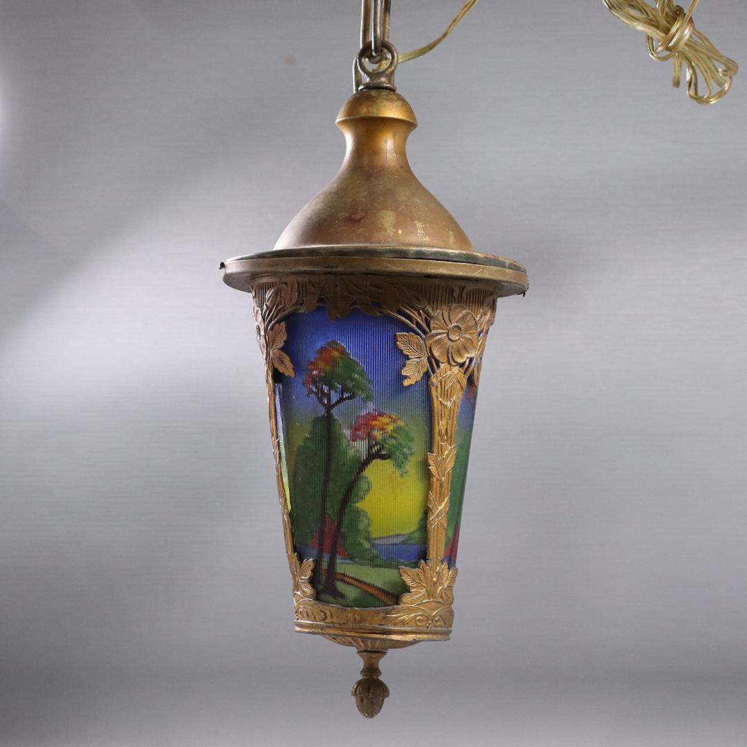 C. 1920 Reverse Painted Landscape Panel Hanging Fixture (1 of 8)