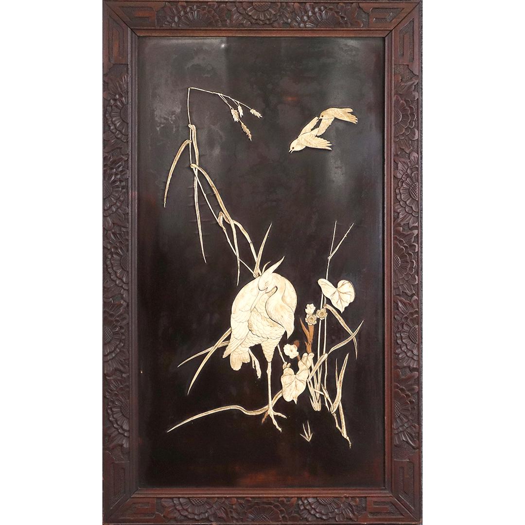 Antique Asian Cabinet Panel with Carved Birds in Bone: Antique Asian Cabinet Panel with Carved Birds in Bone. size: 30x16.5 image, 34x21 outside frame