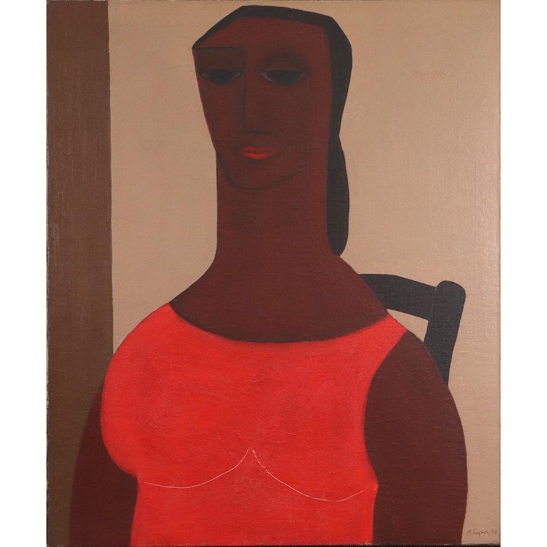 M Leynor 1950 Oil/c African American Woman in Red Dress (1 of 7)