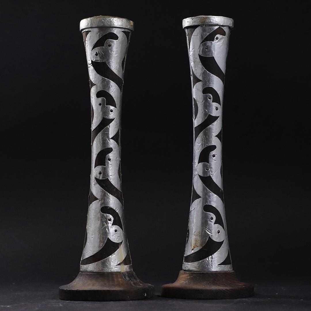 Mid-Century Modern Pair Wood Candlesticks Foil Overlay (1 of 7)