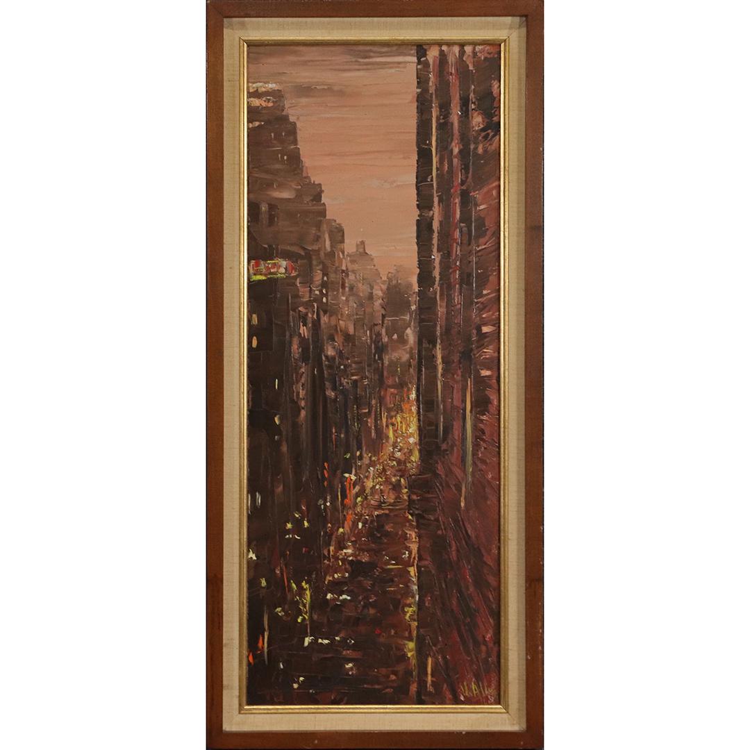Viola Allen 1906-1997, Oil/b Manhattan Street Cityscape: Viola Allen 1906-1997, Oil/b Manhattan Street Cityscape. Signed. Oil on masonite board. Framed. Well listed American Artist. size: 30x12 image, 33x15 outside frame. Viola Allen (1906 - 1997)Viola M. A
