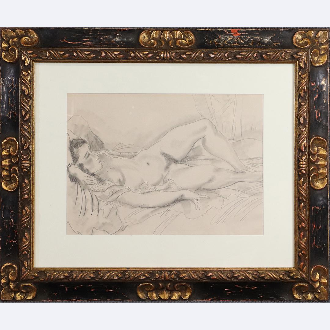 Pencil Sketch Reclining Nude Woman, Framed: Pencil Sketch Reclining Nude Woman, Framed. size: 13.5x18.5 image, 26x30.5 outside frame