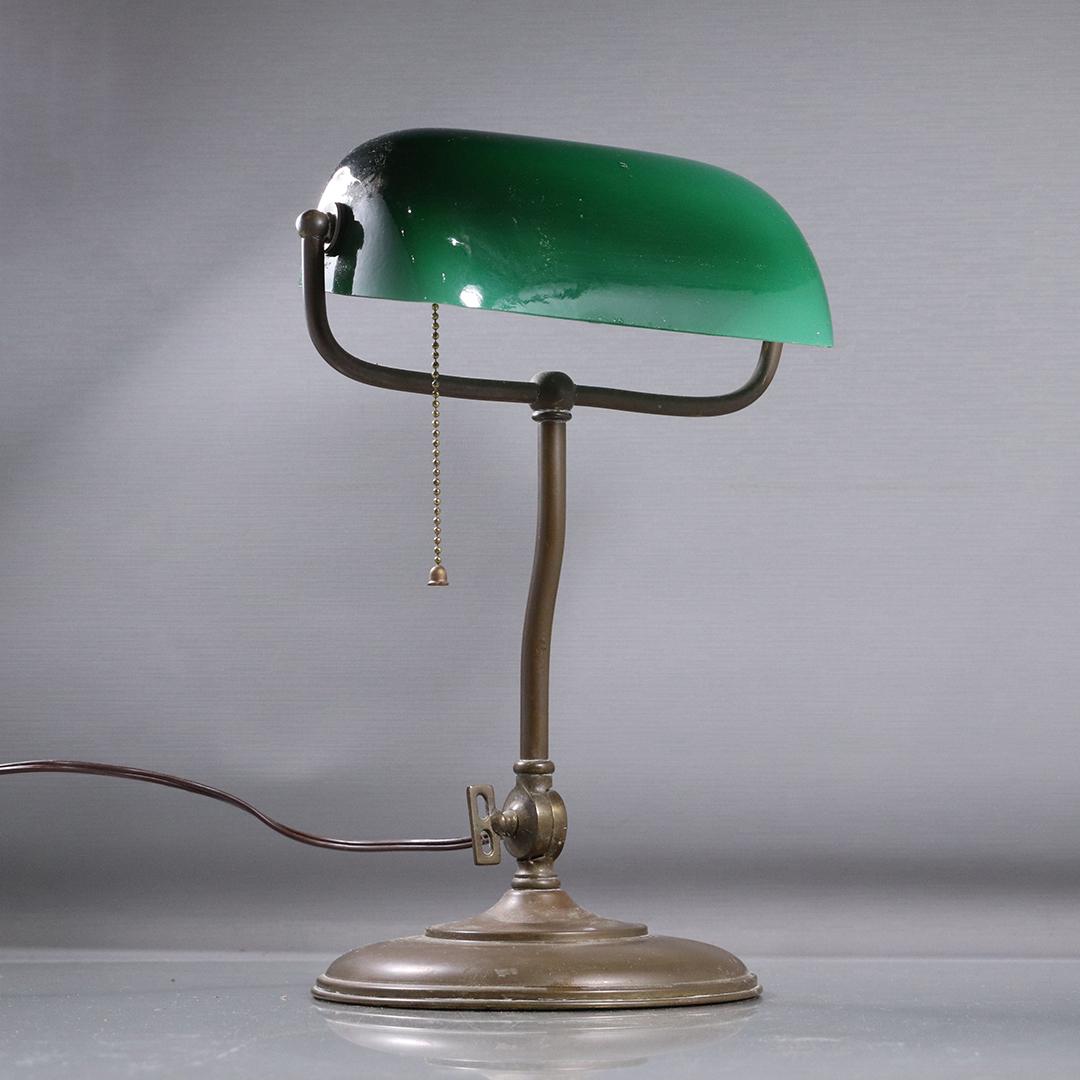 Brass Adjustable Banker's Lamp Green Cased Glass Shade (1 of 7)