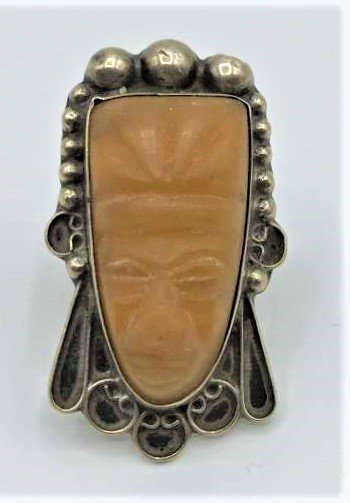 Sterling Mexico Ring Carved Stone Aztec / Mayan Face: Sterling Mexico Ring Carved Stone Aztec / Mayan Face. Size: 1/5 in. x 1 in. ; Marked: Sterling Mexico; Ring size: 7.5 .