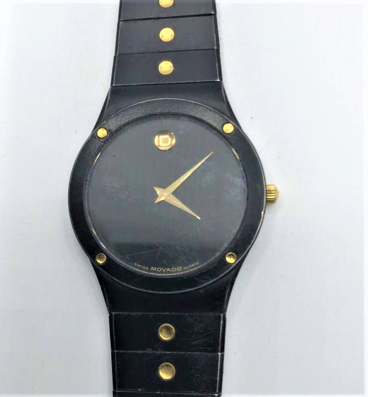 MOVADO Vintage Black Steel Men's Wristwatch: MOVADO Vintage Black Steel Men's Wristwatch. Size: bezel 1.25 in. diameter