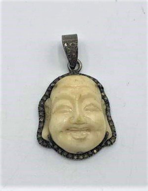 Vintage Sterling Marcasites Pendant Carved Buddha Face: Vintage Sterling Marcasites Pendant Carved Buddha Face. Size: 1 in. x 7/8 in.