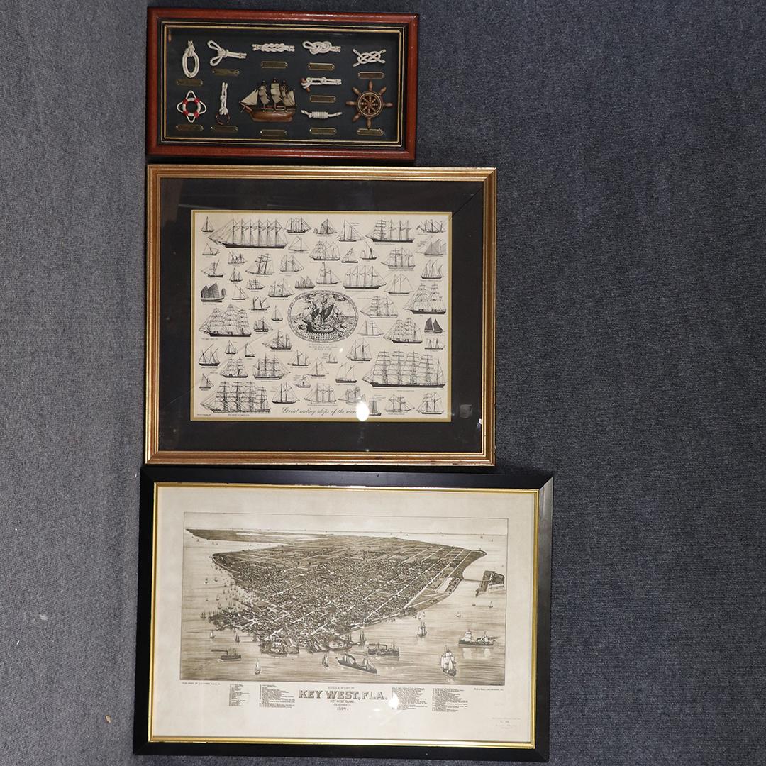 3 Assorted Pictures:Key West, Sloop Styles, Nautical: 3 Assorted Pictures:Key West, Sloop Styles, Nautical display. size: 12x21.75-22.75x32.75 range