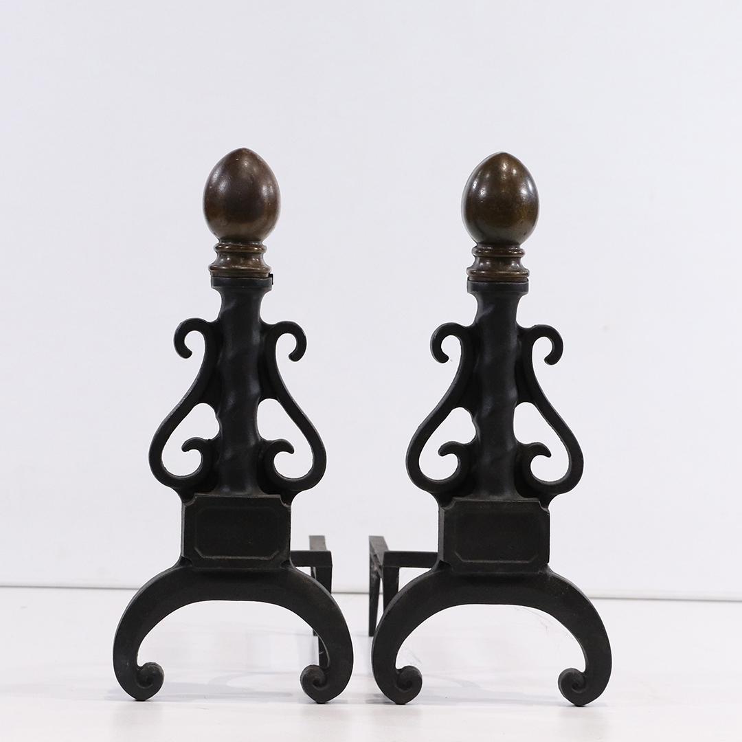 Bronze Top Cast Iron Colonial Style Fireplace Andirons: Bronze Top Cast Iron Colonial Style Fireplace Andirons. size: 16.5h x 18L