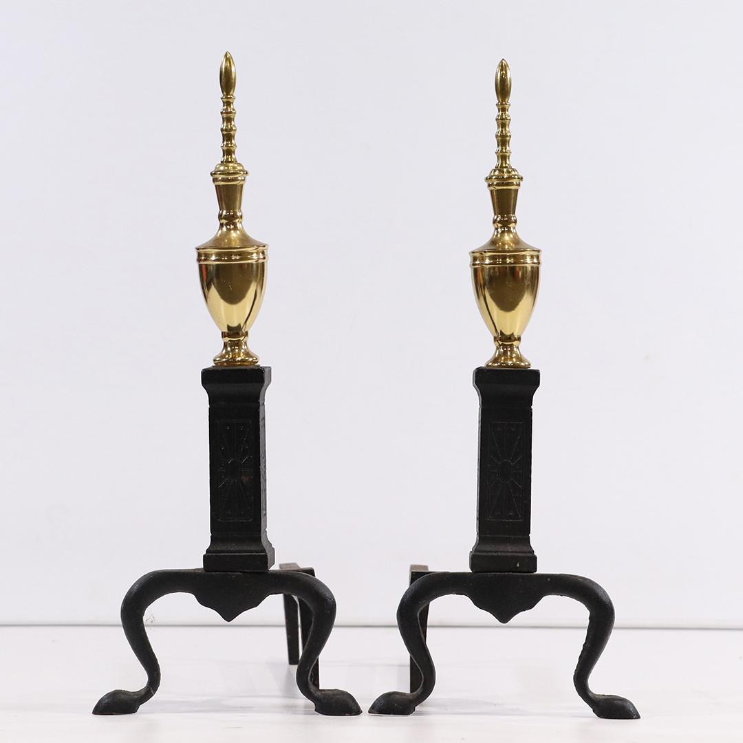 Brass Top Cast Iron Colonial Style Fireplace Andirons: Brass Top Cast Iron Colonial Style Fireplace Andirons. size: 18.25h x 16.25L