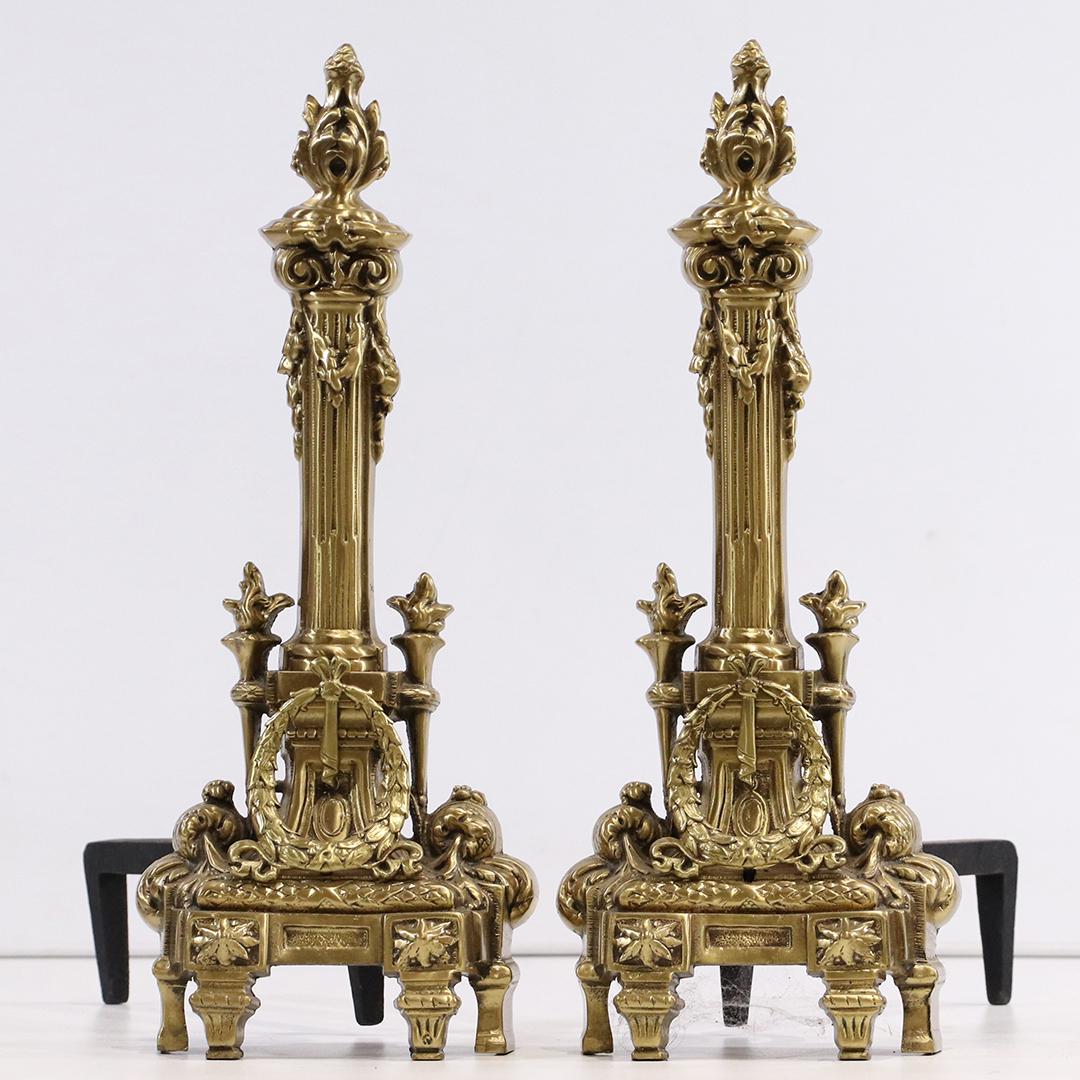 Ornate Bronze Louis XVI Style Fancy Fireplace Andirons: Ornate Bronze Louis XVI Style Fancy Fireplace Andirons. size: 19.5h x 19L