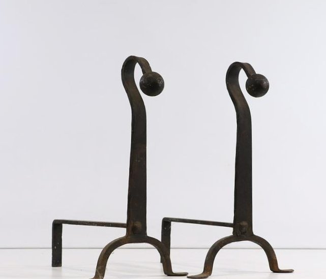 Cast Iron Curved Ball Top Colonial Fireplace Andirons: Cast Iron Curved Ball Top Colonial Fireplace Andirons. size: 20h x 15L