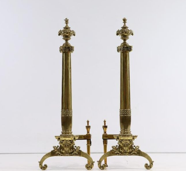 Fine Quality French Brass Fireplace Andirons Flame Tops: Fine Quality French Brass Fireplace Andirons Flame Tops. size: 27.5h x 10L