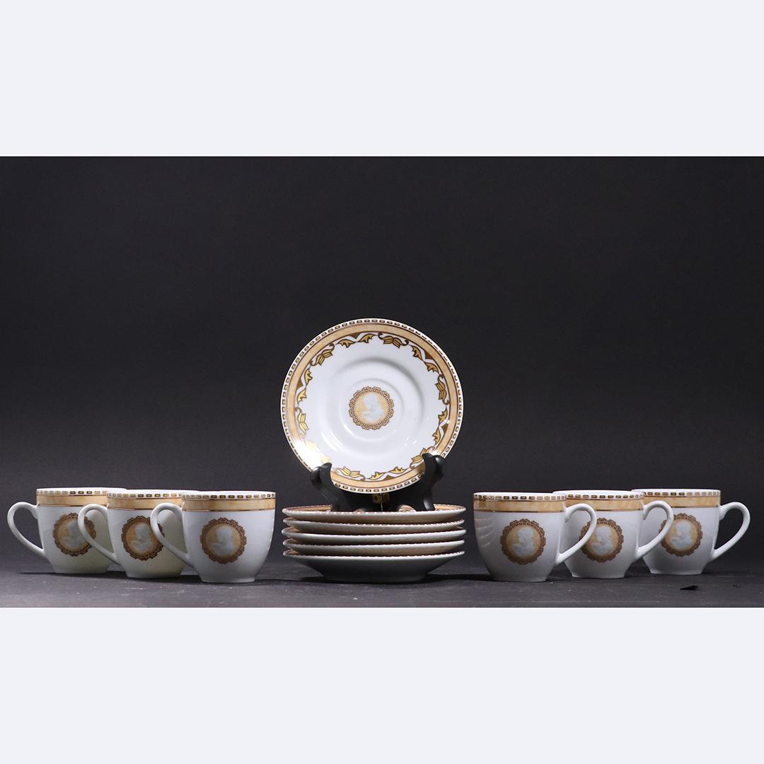T Bavarian Germany Design Cups & Saucers Tea Set in Box: T Bavarian Germany Design Cups & Saucers Tea Set in Box. size: (6x) 2.25hx3.25w cups, (6x) 4.5dia saucers, 2.75x11.5x7.75 box