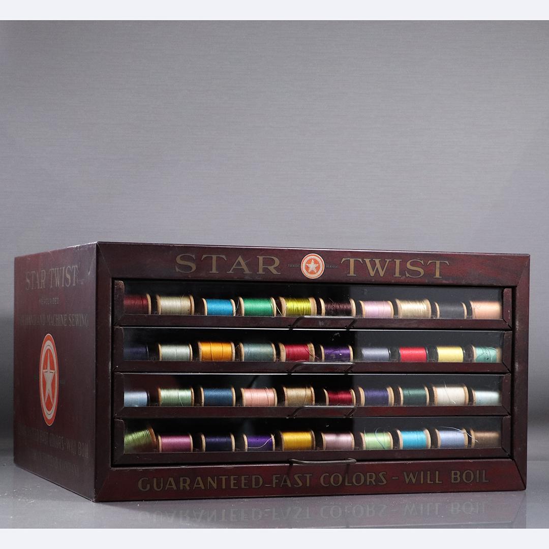 Vintage Star Twist Sewing Thread Tin Spool Cabinet: Vintage Star Twist Sewing Thread Tin Spool Cabinet. All original. size: 8.5h x 15.75w x 14d