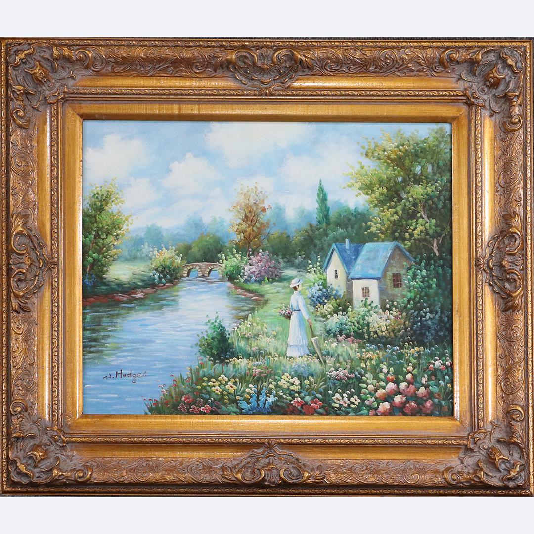 W Hodges, Fine 20th C. Oil/c Summer Cottage and Stream: W Hodges, Fine 20th C. Oil/c Summer Cottage and Stream with Stone Bridge, Woman Figure. Oil on canvas painting, Signed, Nicely framed. size: 16x20 image, 24x28 outside frame