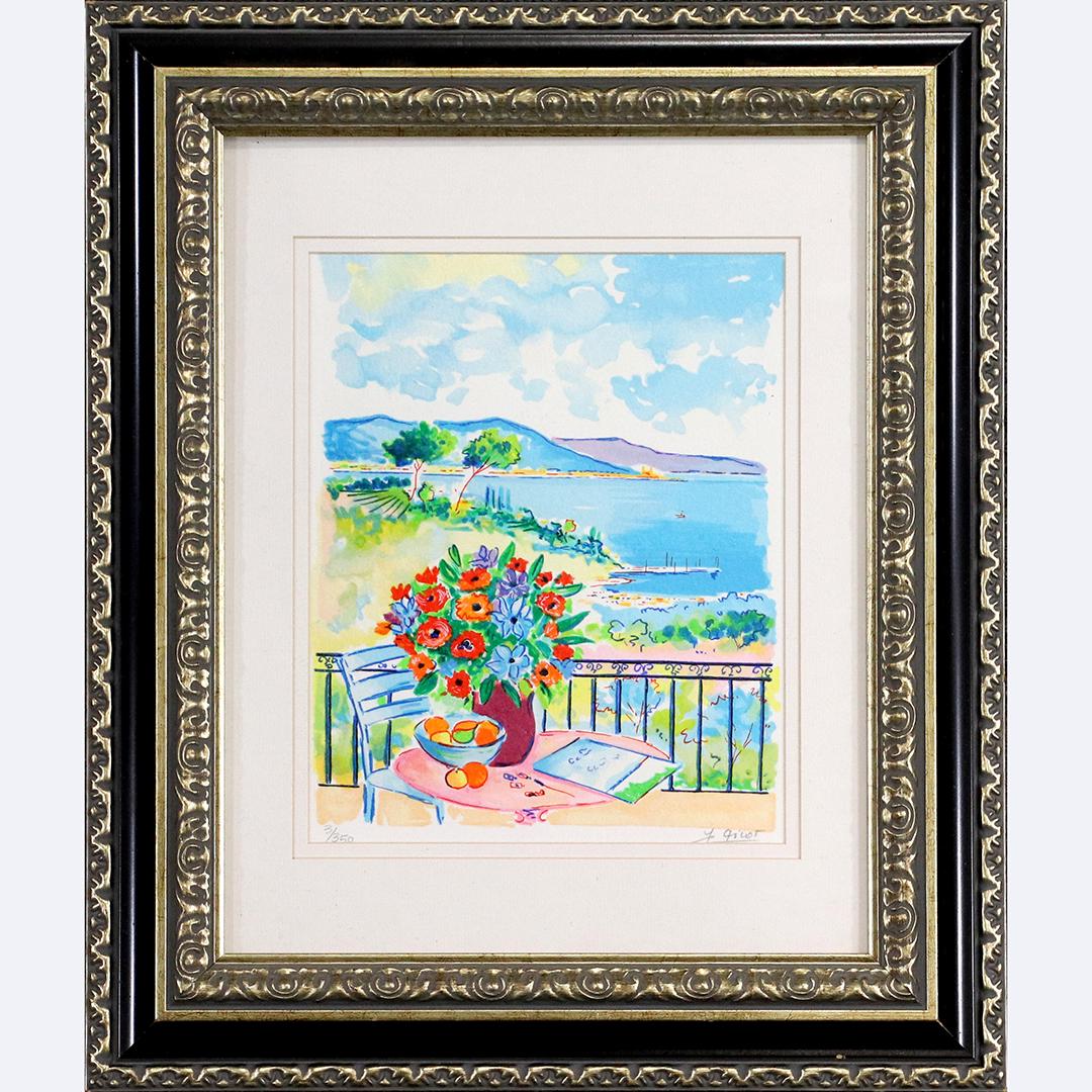 F Gilot, Lithograph #3/350 Balcony Overlooking Lake: F Gilot, Lithograph #3/350 Balcony Overlooking Lake. Vibrant coors, Pencil signed and numbered, framed. size: 9.75x7.75 image, 18x15 outside frame