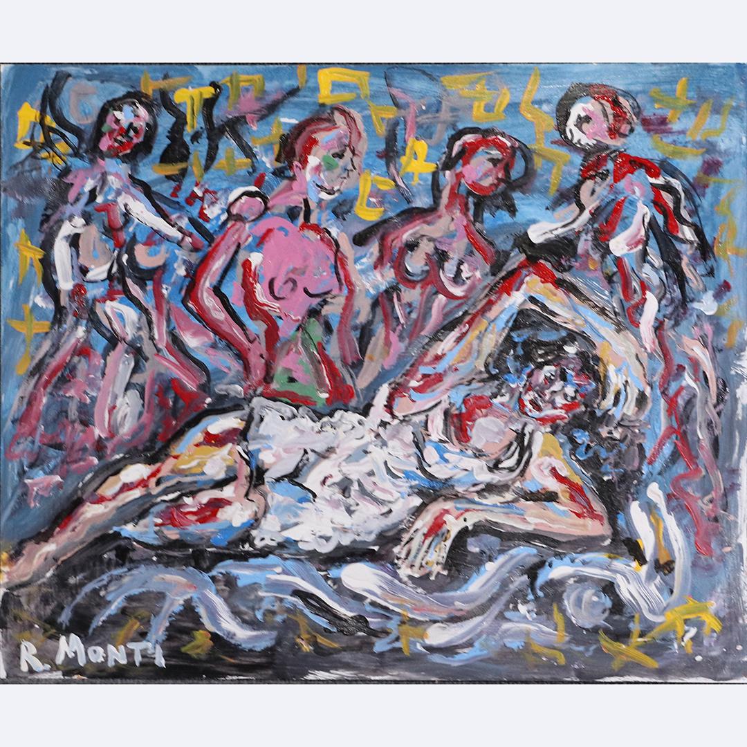 R. Monti, Mid-Century Abstract Reclining Woman & Nudes: R. Monti, Mid-Century Abstract Reclining Woman & Nudes. Oil on board painting. Signed. Popular Philadelphia area artist. size: 20x24
