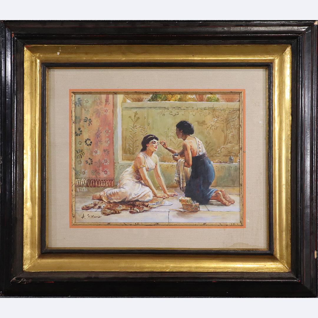 A Simonetti, 19th C. Fine W/c Interior Woman Eye Makeup: A Simonetti, 19th C. Fine W/c Interior Woman applying Eye Makeup. Watercolor Painting, Signed, Antique, Original Frame. Nice quality painting. size: 14x18 image, 30x34 outside frame