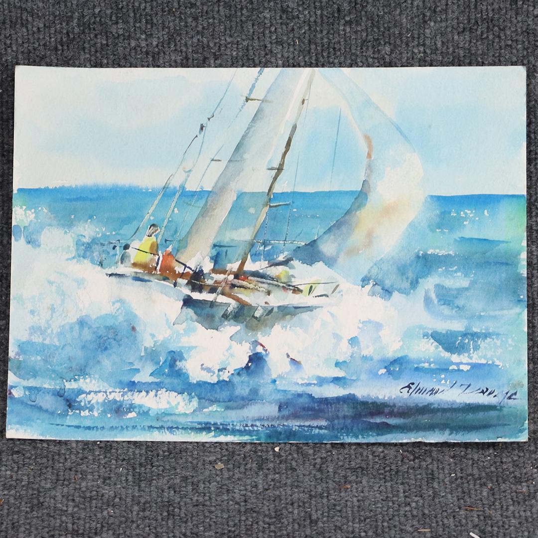 Edward Daume, Watercolor Sail Sloop on Waves: Edward Daume, Watercolor Sail Sloop on Waves. Fine quality watercolor painting. Signed. size: 9x12.25