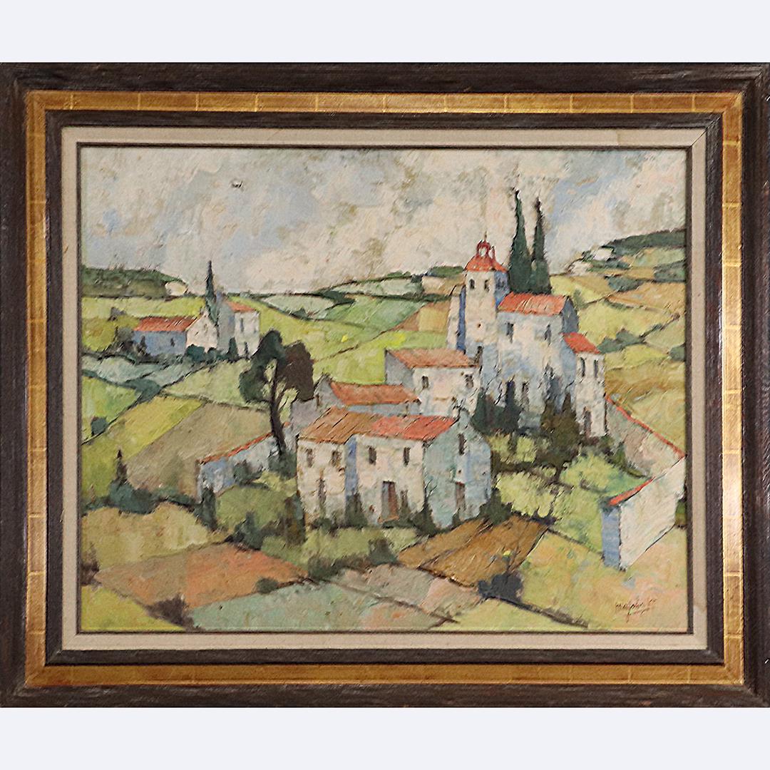 Jean Claude Mayodon 1938-1981 France, Hillside Village: Jean Claude Mayodon 1938-1981 France, Hillside Village , oil on canvas painting. Signed, framed. Well listed artist. size: 24x30 image, 31.25x37.25 outside frame. ASKart: Jean Claude Mayodon (1938 - 1