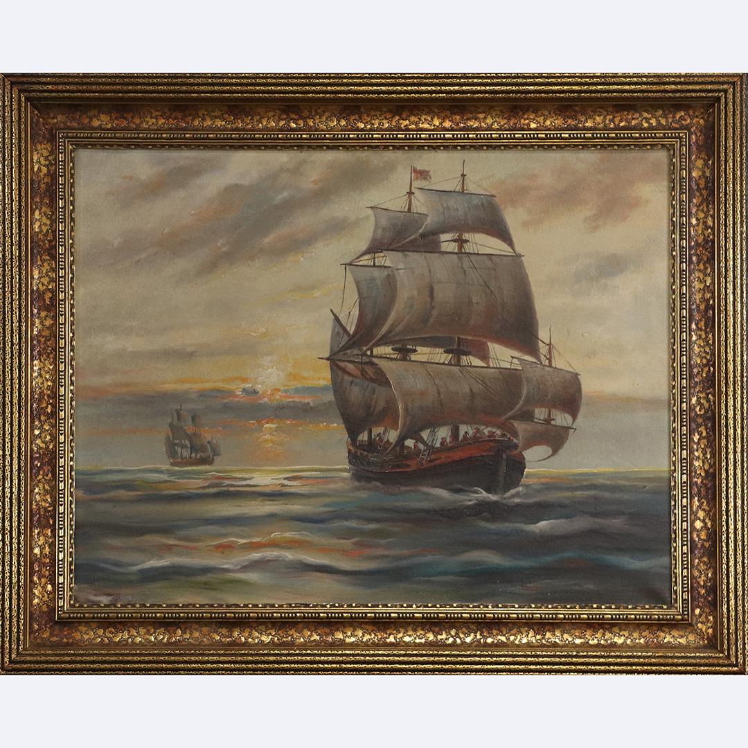 Full Sail Ship on Seas Vintage Oil on Canvas Painting: Full Sail Ship on Seas Vintage Oil on Canvas Painting. Unsigned, original frame. size: 20x26 image, 26x32 outside frame