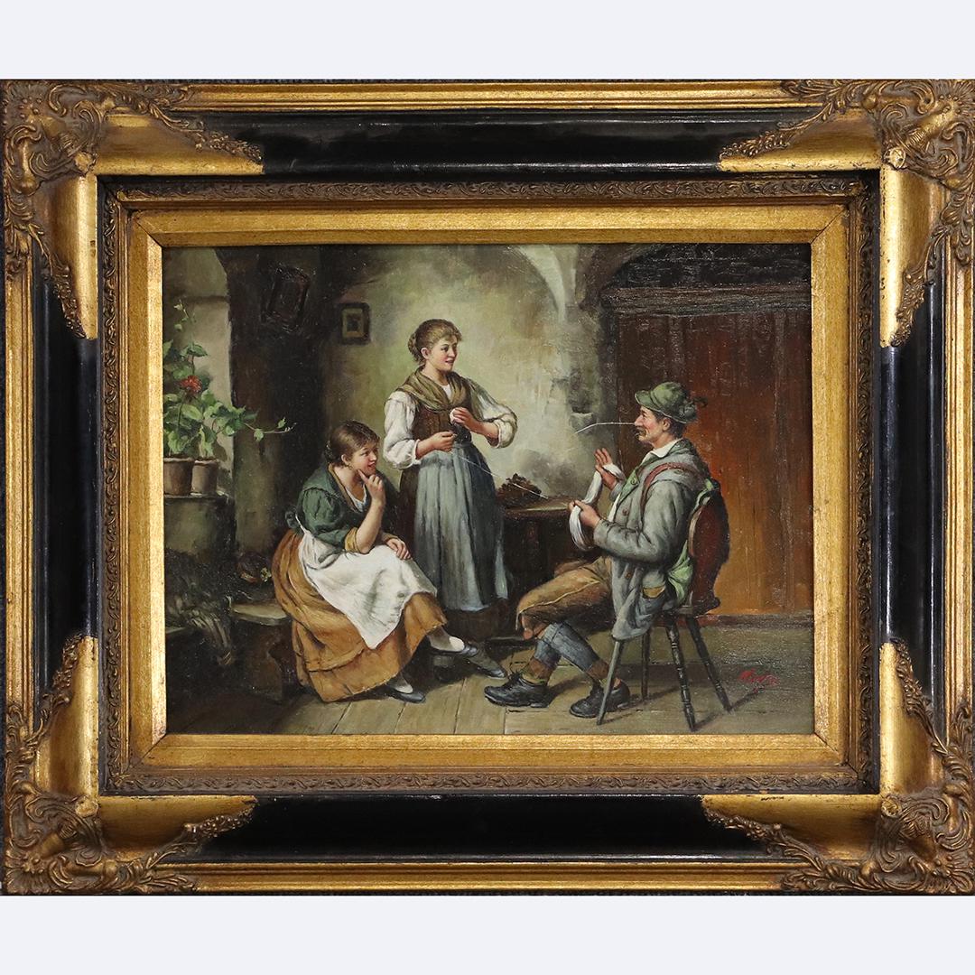 Moyse, 20th C. O/b Family Knitting Yard Interior Scene: Moyse, 20th C. O/b Family Knitting Yard Interior Scene. Oil on a wood panel board. Signed. Framed. size: 12x16 image, 19x23 outside frame