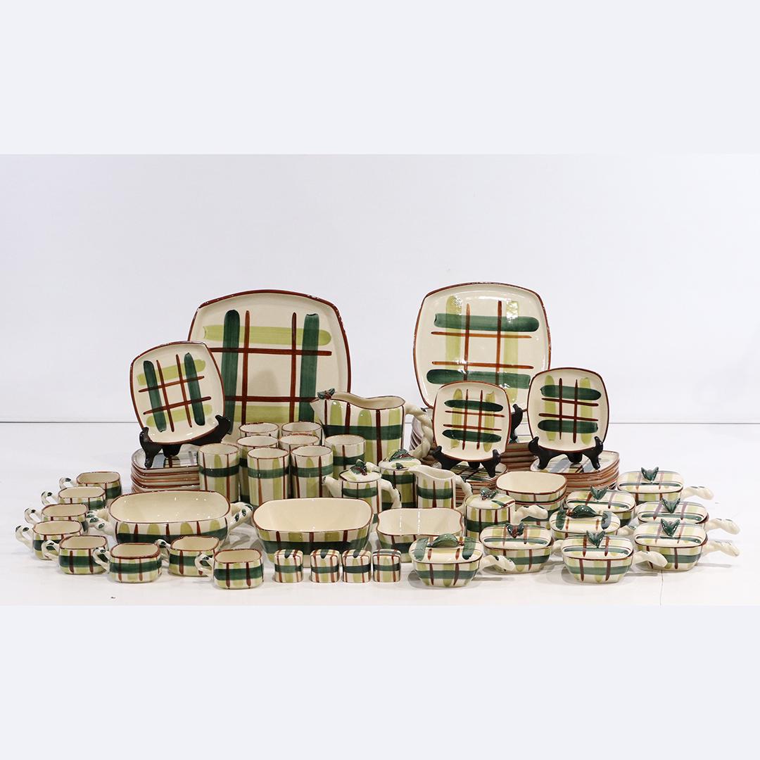 71 Pieces BLAIR Mid-Century Modern Dinnerware Set: 71 Pieces BLAIR Mid-Century Modern Dinnerware Set, Hand Painted. size: (8x) 2hx4.5w cups, (4x) 1.75hx2w shakers, (8x) 5.25hx3w glasses, (8x) 2.5hx7w covered bowls, (1x) 12.25L plate, (8x) 10L plates,