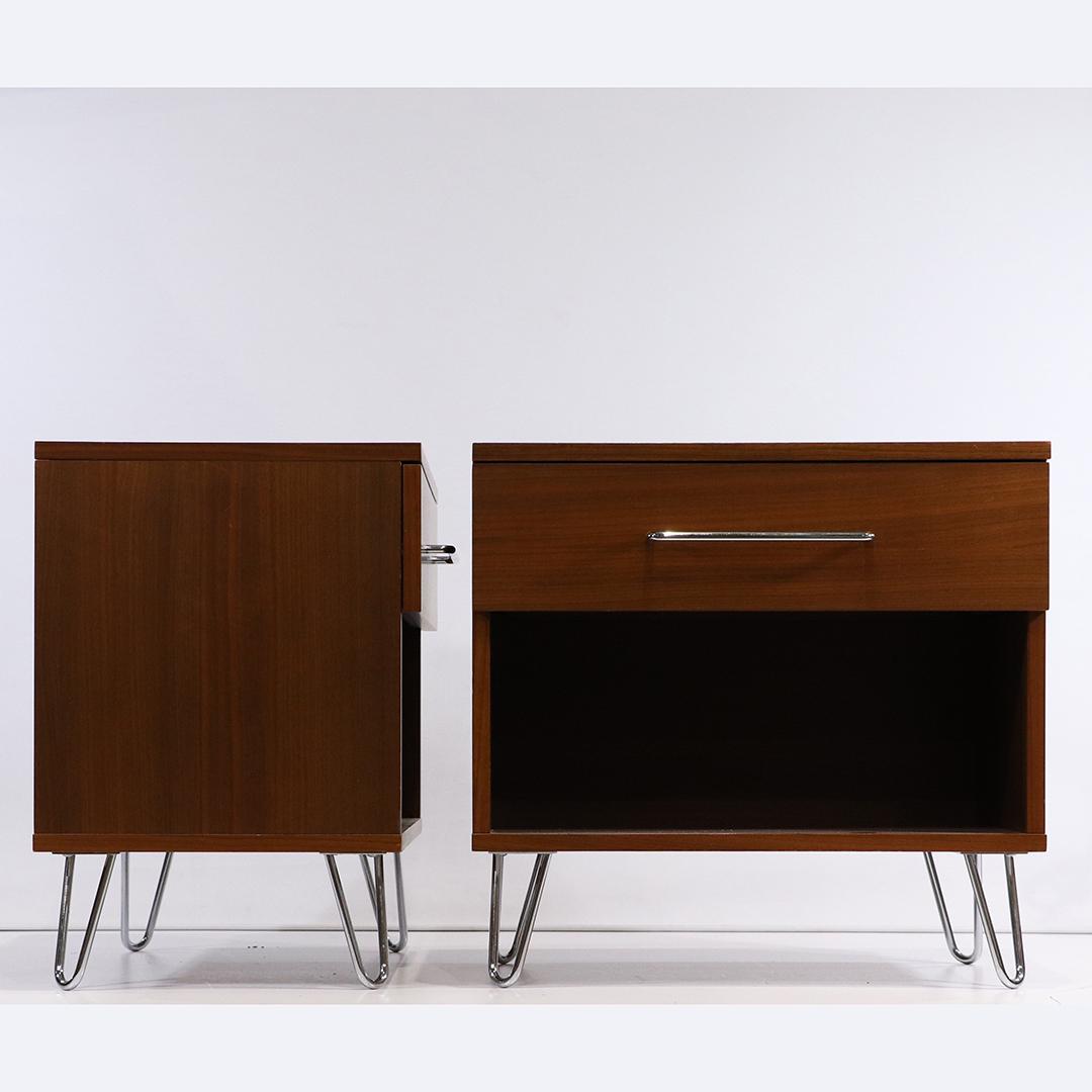 [2] Mid-Century Walnut Night Stands Chrome Hairpin Legs: [2] Mid-Century Walnut Night Stands Chrome Hairpin Legs and drawer pulls. Clean. size: 22.5h x 23.5w x 15.75d