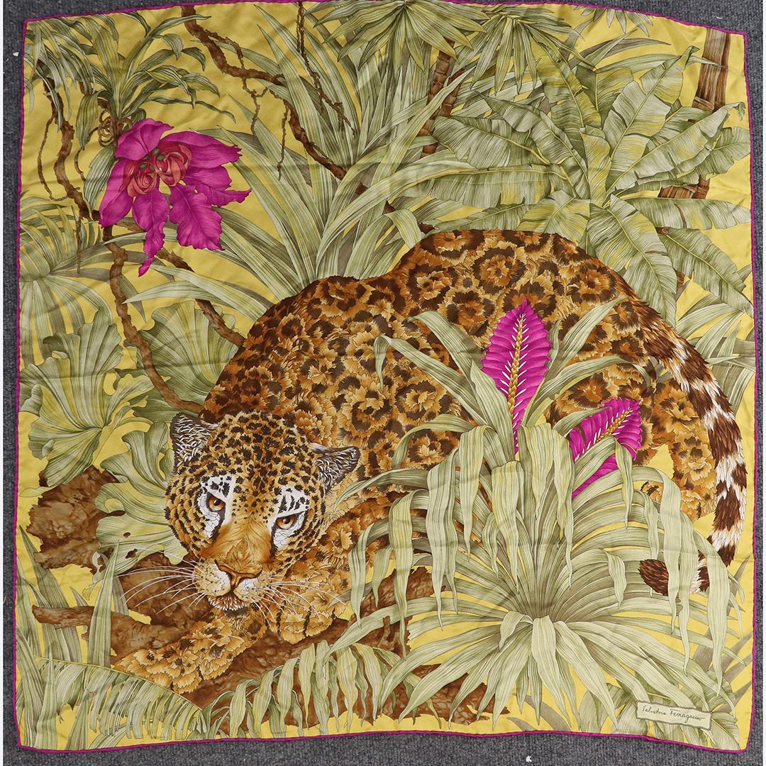 Salvator Ferragamo Silk Scarf Leopard in Jungle Print: Salvator Ferragamo Silk Scarf Leopard in Jungle Print. size: 34x34