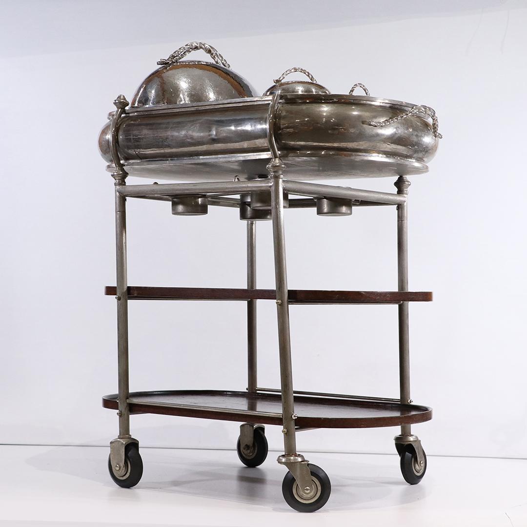 M M Evolucao, Brazil, Silver Plate Serving Station Cart: M M Evolucao, Brazillian, Handmade Fancy Silver Plate Roast Beef Serving Station Cart that warms, Brazillian mahogany trays below. Made for the Carnegie family in the early 1900s. size: 43h x 35L x 21