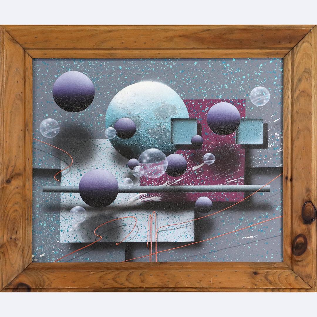 J Kugler, Modernism Oil Painting Spheres and Squares: J Kugler, Modernism Oil Painting Spheres and Squares. Space Age. Signed: J Kugler. Oil on canvas painting. size: 20x24 image, 25x29 outside frame