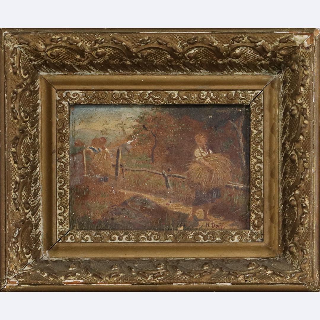 H Dahl, 19th C. Oil/b Carrying Hay , Signed: H Dahl, 19th C. Oil/b Carrying Hay , Signed. Oil on board painting, Signed, Original frame. size: 4x5.75 image, 8x9.5 outside frame