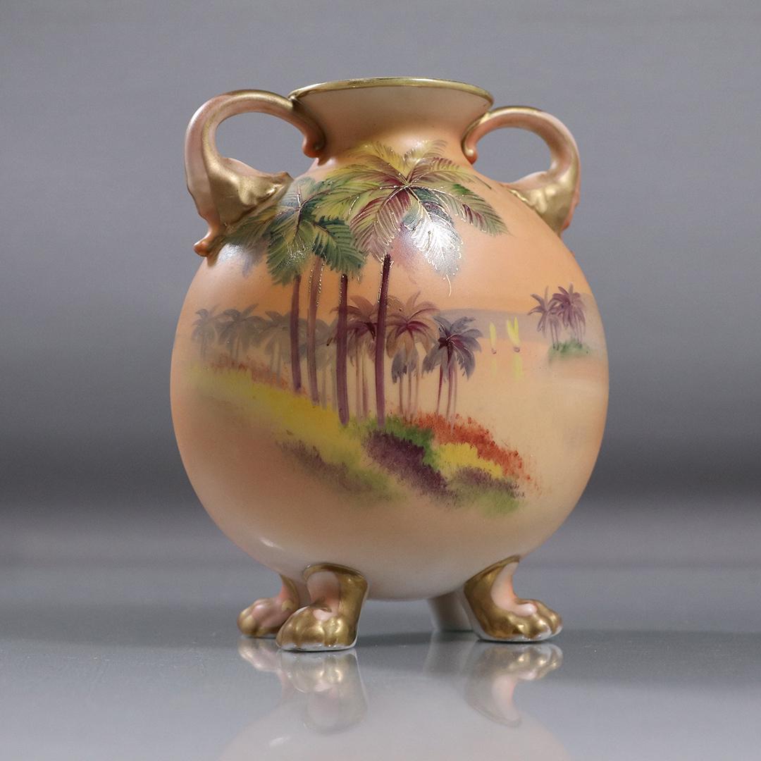 Nippon Hand Painted Tropical Scene Footed Vase, Handles: Nippon Hand Painted Tropical Scene Footed Vase, Handles. size: 6h x 5w