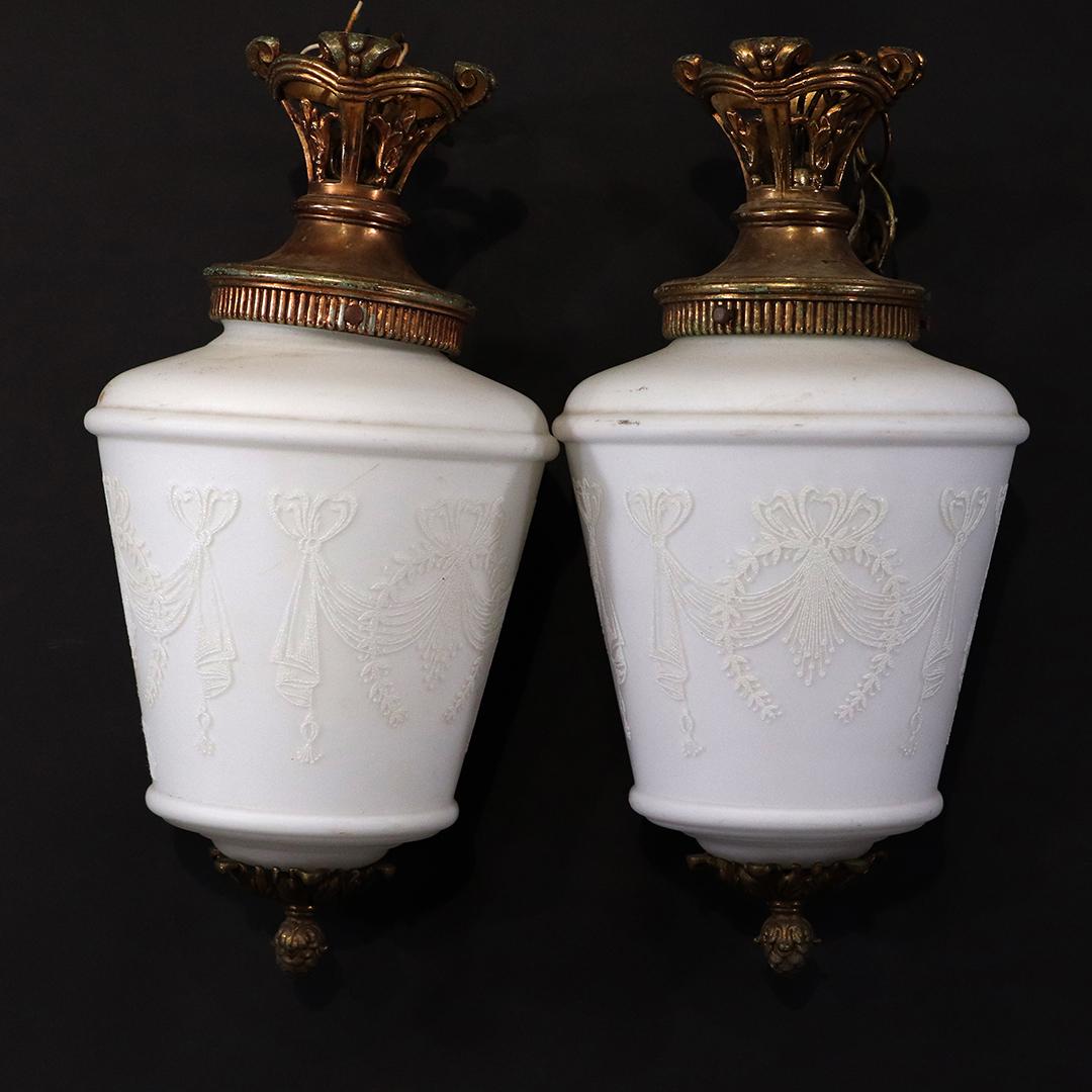[2] White Decorated Glass Shade Hanging Hall Fixtures: [2] White Decorated Glass Shade Hanging Hall Fixtures. size: 16L x 8w